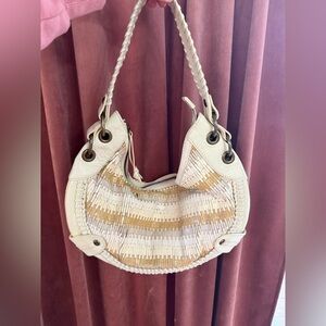 Isabella Fiore White Woven Leather Crescent Bag